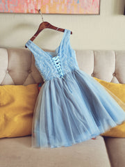 Bridesmaid Dress Long, Cute V Neck Light Blue Tulle Lace Short Prom Dress Blue Homecoming Dress
