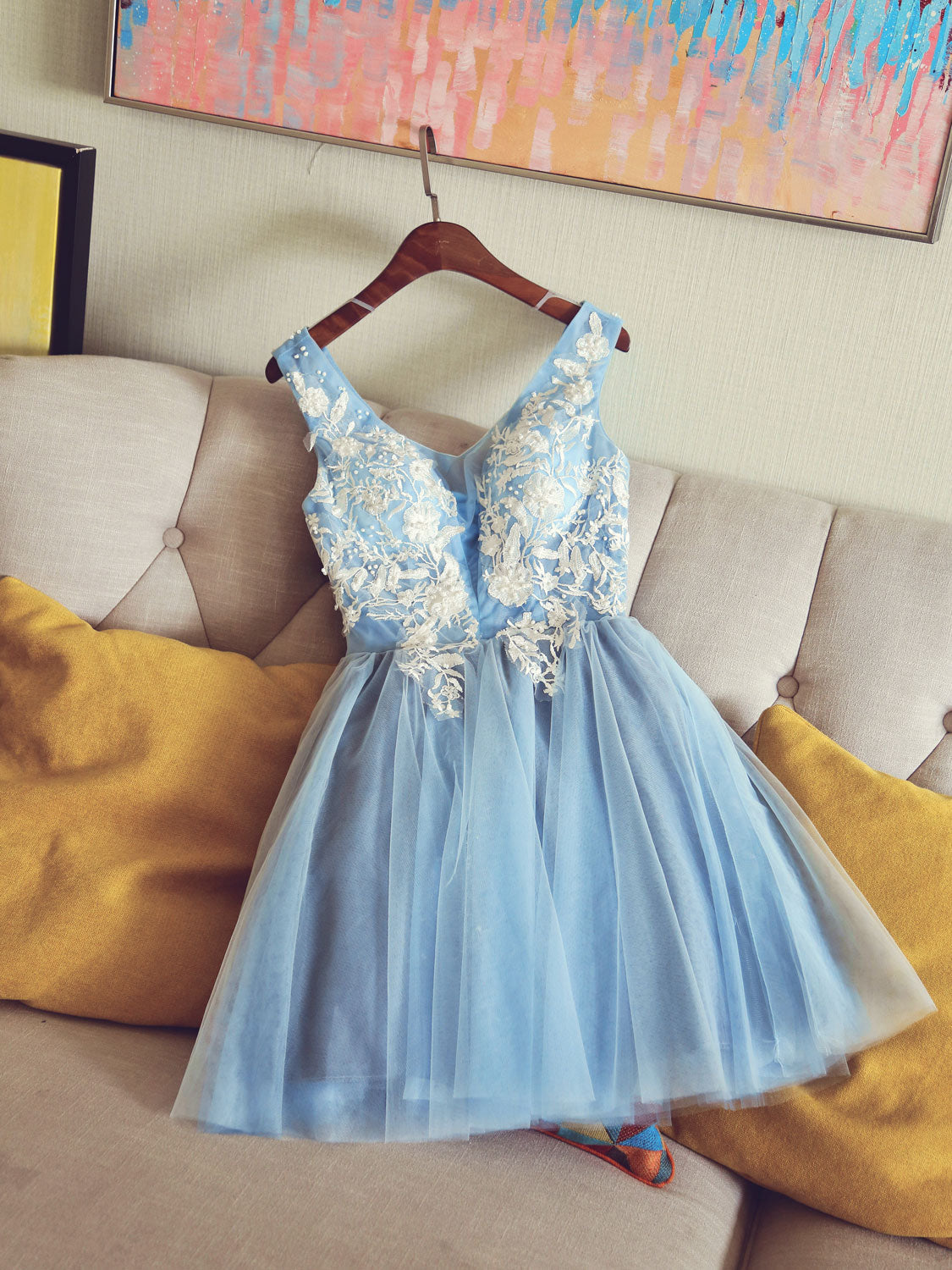 Bridesmaid Dress Colors Scheme, Cute V Neck Light Blue Tulle Lace Short Prom Dress Blue Homecoming Dress