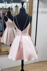 Evening Dresses Gown, Cute V Neck Open Back Pink Short Prom Dress, Backless Pink Homecoming Dress, Short Pink Formal Evening Dress