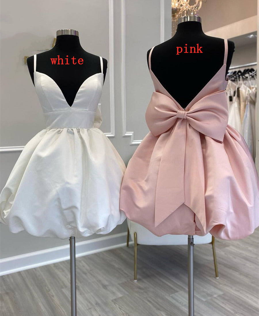 Bridesmaid Dresses Satin, Cute V-Neck Short Party Cocktail Dress with Bow