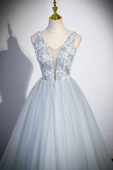 Bridesmaid Dresses Summer, Cute V-Neck Tulle Long Prom Dress, Gray Evening Dress Party Dress