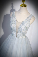 Bridesmaid Dresses With Sleeves, Cute V-Neck Tulle Long Prom Dress, Gray Evening Dress Party Dress