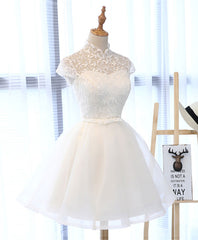 Evening Dress Maxi Long Sleeve, Cute White Lace Short Prom Dress, White Homecoming Dress