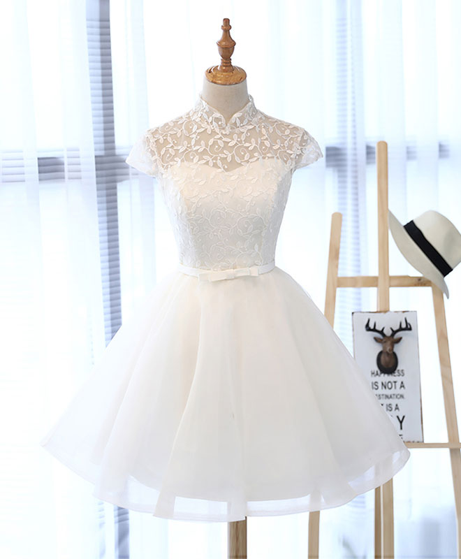 Evening Dress Long Sleeve Maxi, Cute White Lace Short Prom Dress, White Homecoming Dress