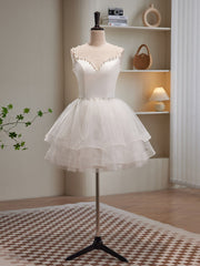 Bridesmaid Dress Strapless, Cute White Short Tulle Beaded Graduation Dress, White Short Prom Dress Formal Dress