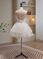 Garden Wedding, Cute White Short Tulle Beaded Graduation Dress, White Short Prom Dress Formal Dress