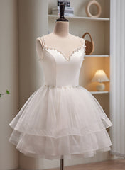 Bridesmaid Dress Peach, Cute White Short Tulle Beaded Graduation Dress, White Short Prom Dress Formal Dress