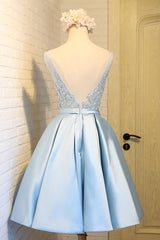 Prom Dress Blue, Sky Blue A Line V Neck Short Prom Dresses, Appliques Lace Homecoming Dresses