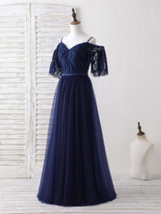 Bridesmaids Dresses Chiffon, Dark Blue A-Line Lace Tulle Long Prom Dress Blue Evening Dress