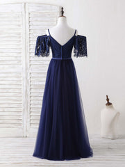 Bridesmaid Dress For Girls, Dark Blue A-Line Lace Tulle Long Prom Dress Blue Evening Dress