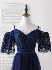 Bridesmaid Dresses For Girls, Dark Blue A-Line Lace Tulle Long Prom Dress Blue Evening Dress