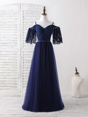 Bridesmaid Dress Chiffon, Dark Blue A-Line Lace Tulle Long Prom Dress Blue Evening Dress
