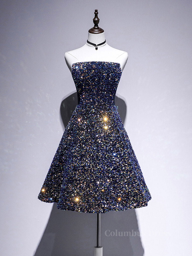 Cocktail Dress, Dark Blue A-Line Sequin Lace Short Prom Dress, Cute Blue Homecoming Dress