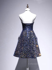 Ball Gown, Dark Blue A-Line Sequin Lace Short Prom Dress, Cute Blue Homecoming Dress