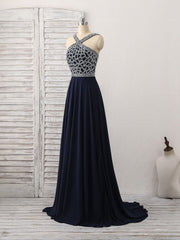 Prom Dresses Burgundy, Dark Blue Chiffon Beads Long Prom Dress, Blue Evening Dress