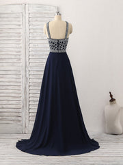 Prom Dresses Yellow, Dark Blue Chiffon Beads Long Prom Dress, Blue Evening Dress
