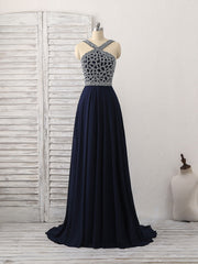 Prom Dress Burgundy, Dark Blue Chiffon Beads Long Prom Dress, Blue Evening Dress
