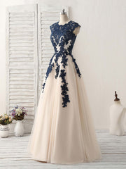 Formals Dresses Long, Dark Blue Lace Applique Tulle Long Prom Dress Blue Bridesmaid Dress