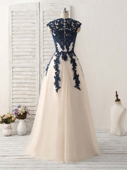 Formal Dress Long, Dark Blue Lace Applique Tulle Long Prom Dress Blue Bridesmaid Dress