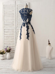 Formal Dresses And Gowns, Dark Blue Lace Applique Tulle Long Prom Dress Blue Bridesmaid Dress