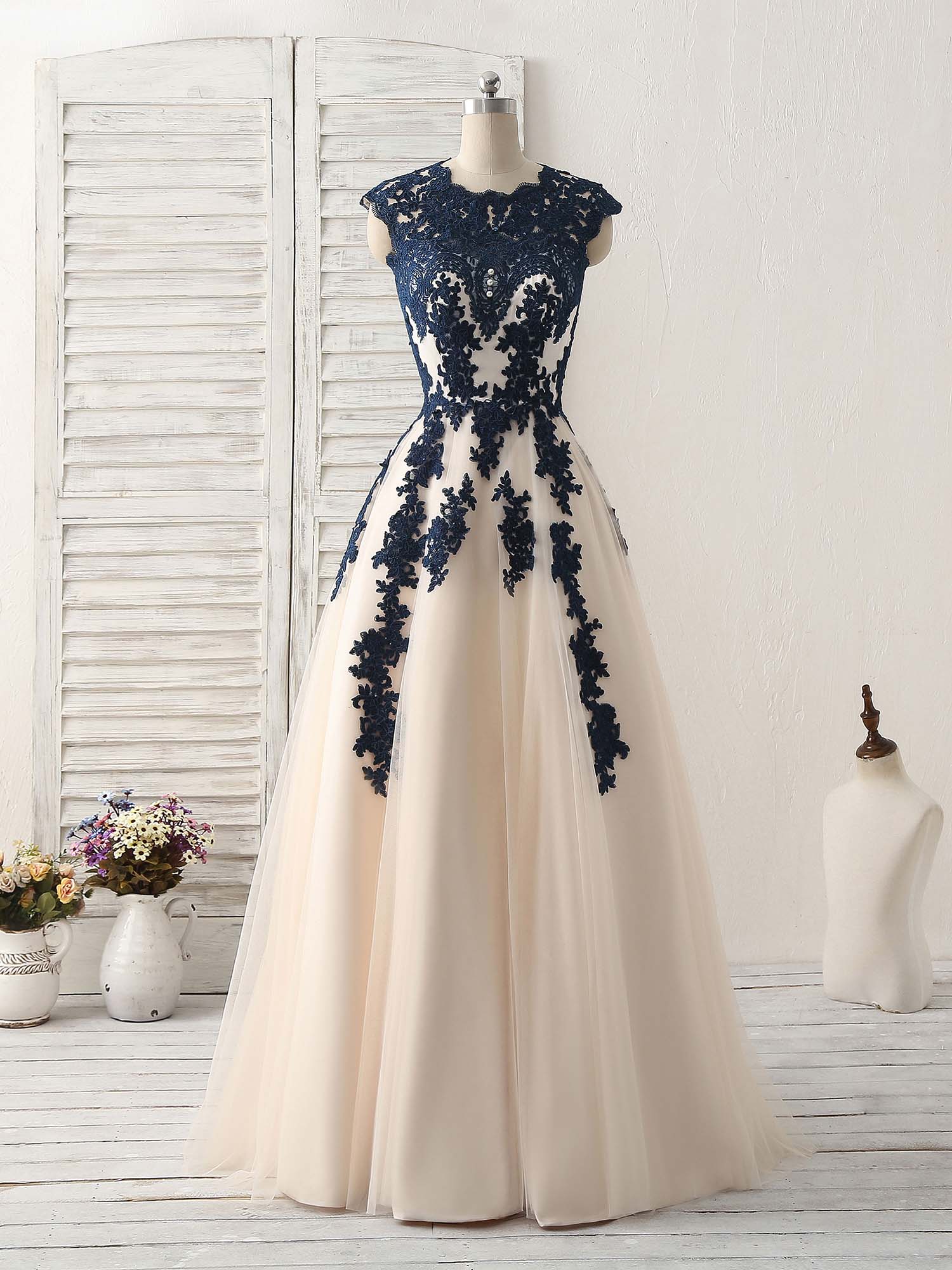 Formal Dressed Long, Dark Blue Lace Applique Tulle Long Prom Dress Blue Bridesmaid Dress