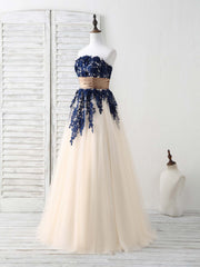 Bridesmaids Dresses For Beach Weddings, Dark Blue Lace Applique Tulle Long Prom Dress Blue Bridesmaid Dress