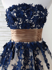 Bridesmaid Dresses For Beach Wedding, Dark Blue Lace Applique Tulle Long Prom Dress Blue Bridesmaid Dress