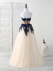 Bridesmaids Dresses For Beach Wedding, Dark Blue Lace Applique Tulle Long Prom Dress Blue Bridesmaid Dress