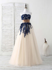 Bridesmaid Dress For Beach Wedding, Dark Blue Lace Applique Tulle Long Prom Dress Blue Bridesmaid Dress