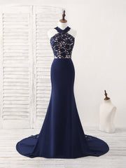 Party Dresses For Teen, Dark Blue Lace Mermaid Long Prom Dress Mermaid Bridesmaid Dress