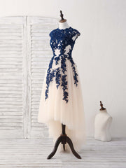Groomsmen Attire, Dark Blue Lace Tulle High Low Prom Dress Blue Bridesmaid Dress