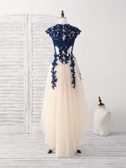 Bridesmaid Dresses Modest, Dark Blue Lace Tulle High Low Prom Dress Blue Bridesmaid Dress