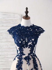 Country Wedding, Dark Blue Lace Tulle High Low Prom Dress Blue Bridesmaid Dress