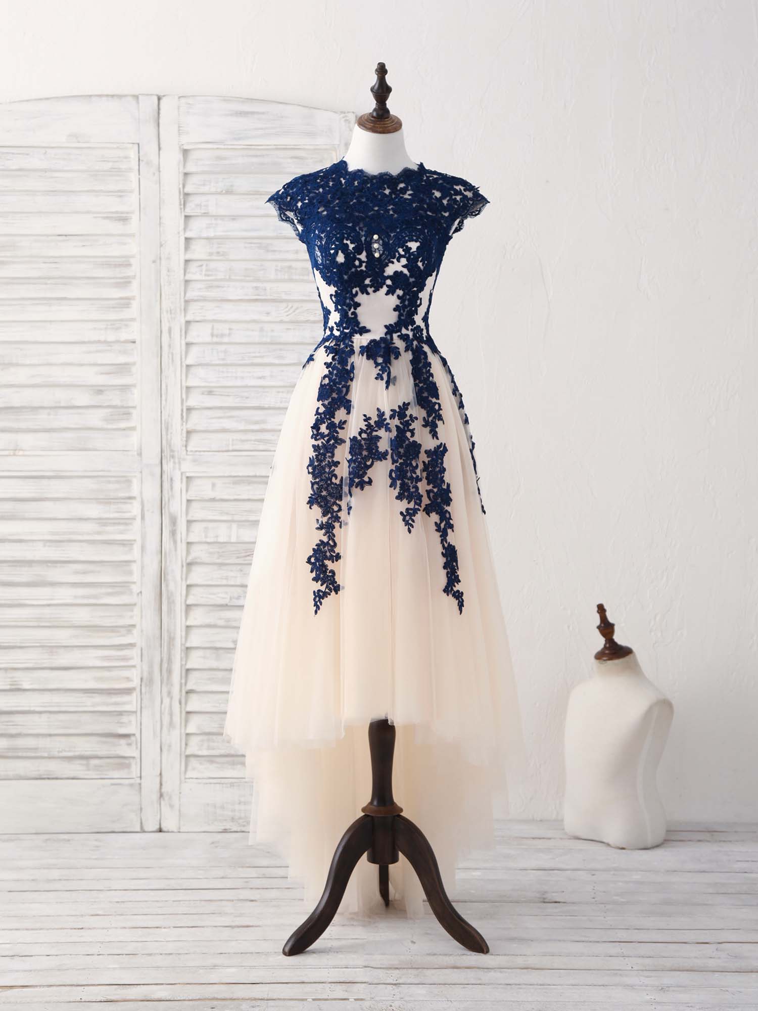 Bridesmaid Propos, Dark Blue Lace Tulle High Low Prom Dress Blue Bridesmaid Dress