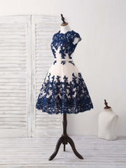 Spring Wedding, Dark Blue Lace Tulle Short Prom Dress Blue Bridesmaid Dress