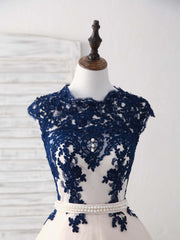 Champagne Bridesmaid Dress, Dark Blue Lace Tulle Short Prom Dress Blue Bridesmaid Dress