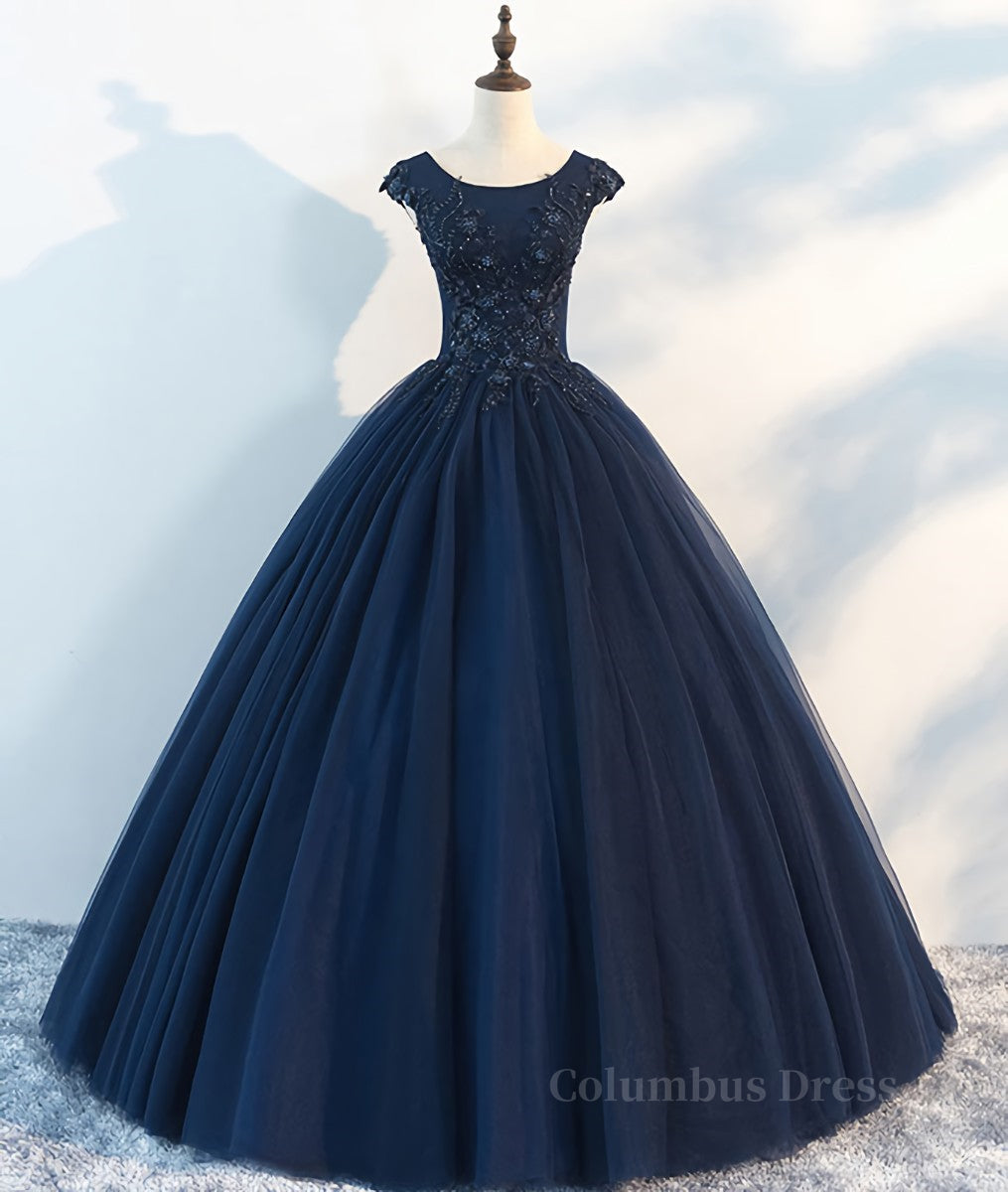 Evening Dress 1923, Dark blue round neck tulle lace long prom dress, blue tulle lace evening dress