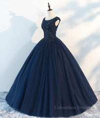 Evening Dress Modest, Dark blue round neck tulle lace long prom dress, blue tulle lace evening dress