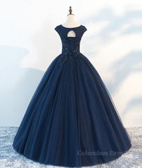 Evening Dress Long Sleeve Maxi, Dark blue round neck tulle lace long prom dress, blue tulle lace evening dress