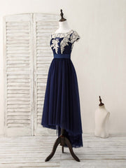 Party Dress For Baby, Dark Blue Tulle Lace Applique High Low Prom Dresses