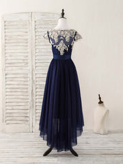 Party Dresses For Babies, Dark Blue Tulle Lace Applique High Low Prom Dresses