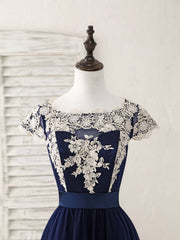 Party Dress Baby, Dark Blue Tulle Lace Applique High Low Prom Dresses