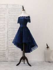 Prom Dresses Two Piece, Dark Blue Tulle Lace Short Prom Dress, Dark Blue Homecoming Dress