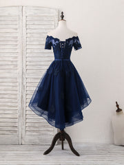 Bridesmaid Dress, Dark Blue Tulle Lace Short Prom Dress, Dark Blue Homecoming Dress