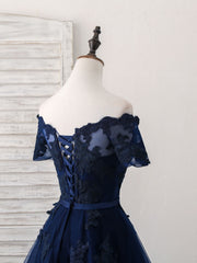 Prom Dresses Long Navy, Dark Blue Tulle Lace Short Prom Dress, Dark Blue Homecoming Dress