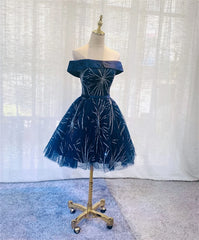 Evening Dresses 2031, Dark Blue Tulle Off Shoulder Knee Length Party Dress, Blue Homecoming Dresses