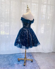 Evening Dress Princess, Dark Blue Tulle Off Shoulder Knee Length Party Dress, Blue Homecoming Dresses