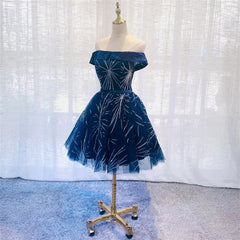 Evening Dress Long Elegant, Dark Blue Tulle Off Shoulder Knee Length Party Dress, Blue Homecoming Dresses