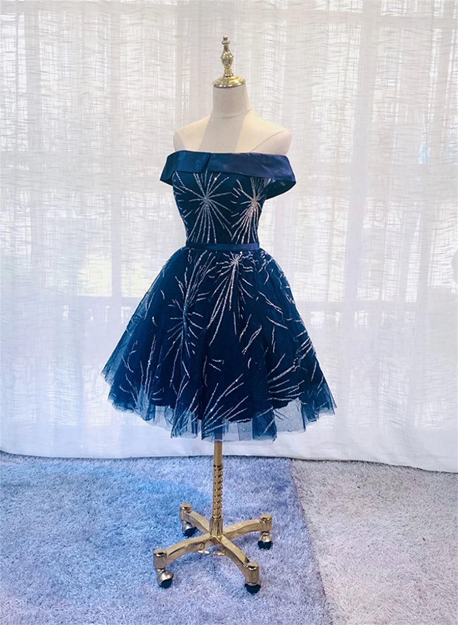 Evening Dress Designer, Dark Blue Tulle Off Shoulder Knee Length Party Dress, Blue Homecoming Dresses