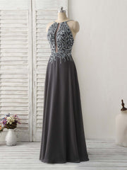 Formal Dress With Sleeve, Dark Gray Sequin Beads Long Prom Dress Backless Evening Dress